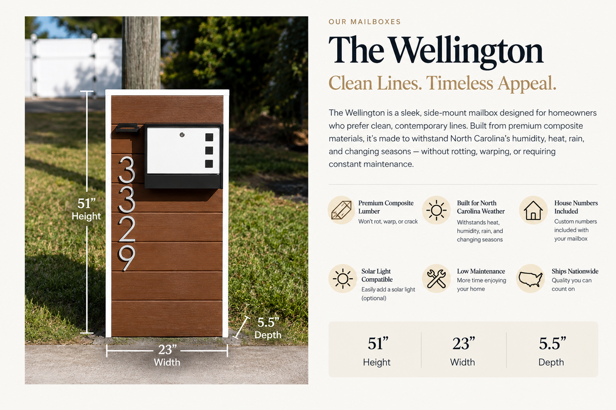 The Wellington composite mailbox with dimensions and features